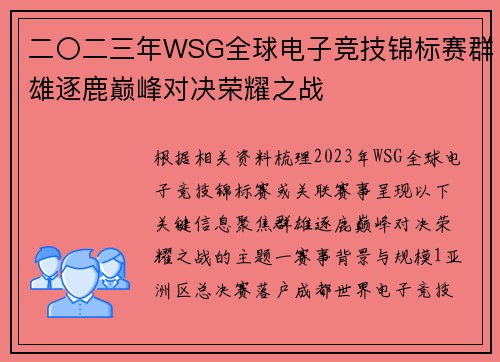 二〇二三年WSG全球电子竞技锦标赛群雄逐鹿巅峰对决荣耀之战